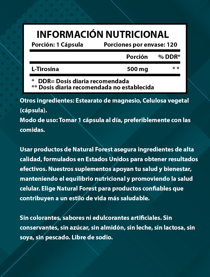 L-tirosina 120 Cápsulas 500mg Natural Forest Sabor Neutro