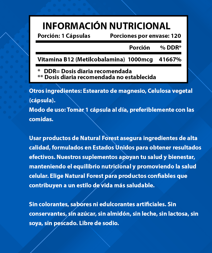 Vitamina B12 Metilcobalamina 120 Cápsulas Natural Forest Usa