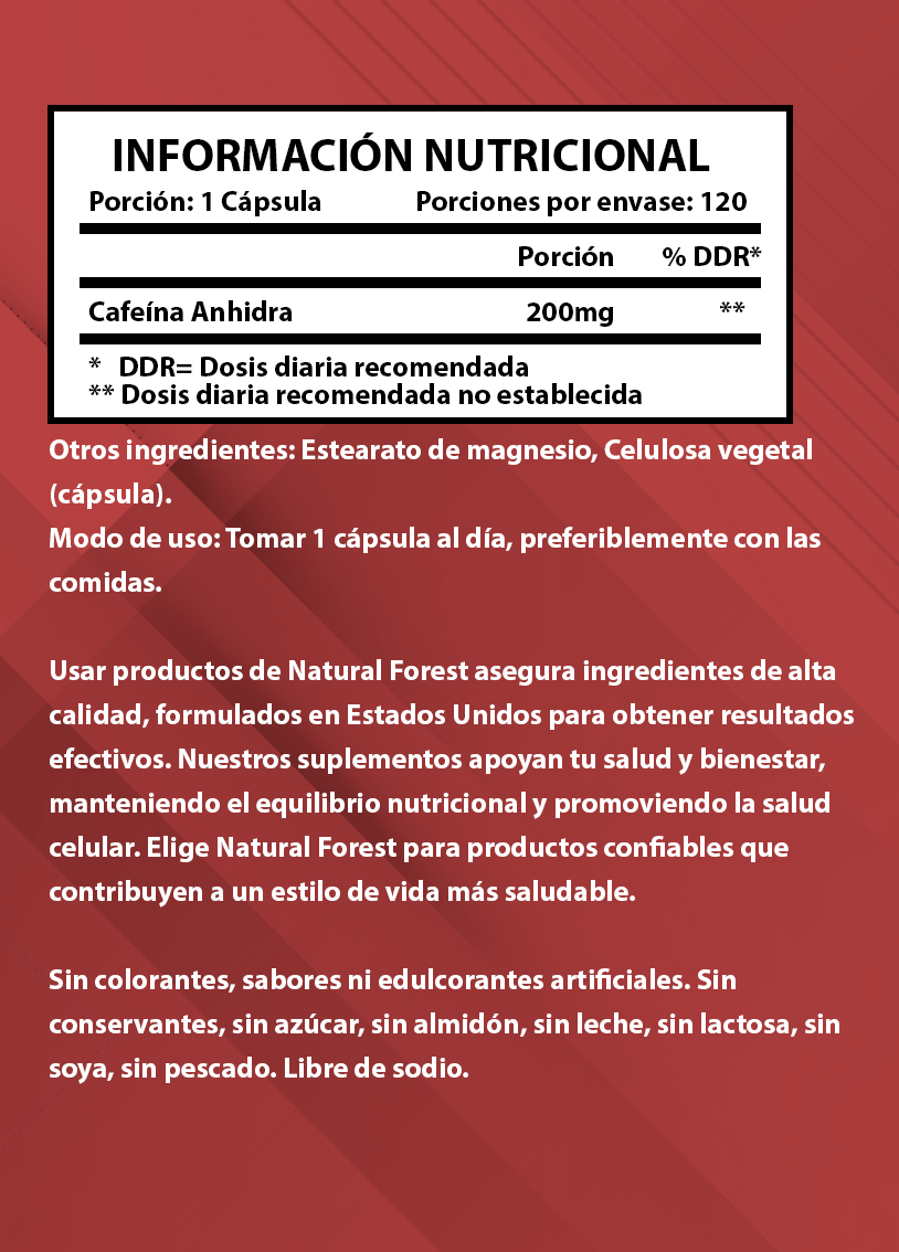 Cafeína Anhidra 200mg 120 Cápsulas / Usa