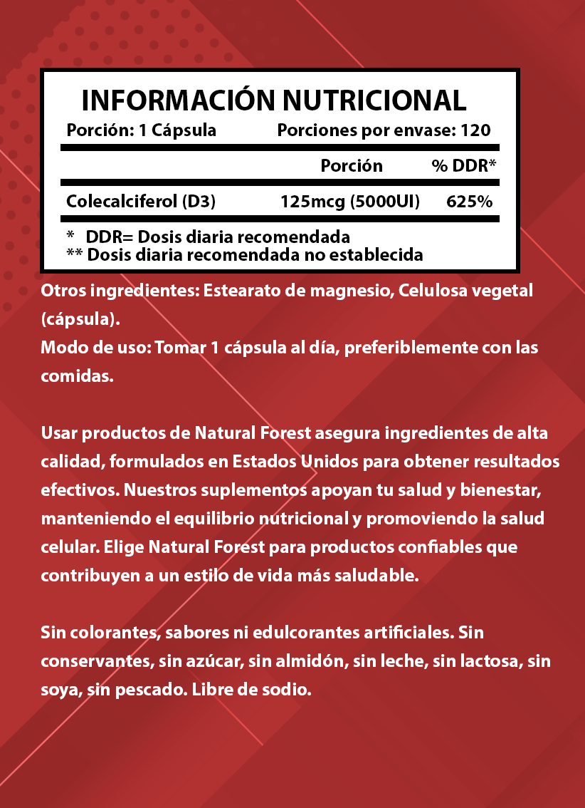 Vitamina D3 5000ui 120 Cápsulas / Natural Forest Usa