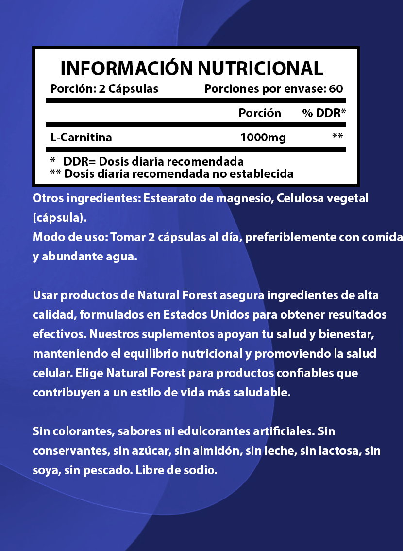 L-carnitina 1000 Mg Natural 120 Caps / Made In Usa Sabor Neutro
