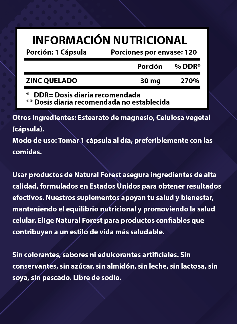 Zinc Quelado Premium 120 Caps Antioxidante Naturalforest Usa
