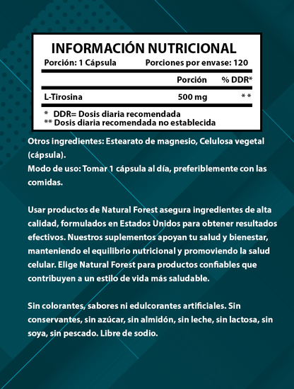 L-tirosina 120 Cápsulas 500mg Natural Forest Sabor Neutro