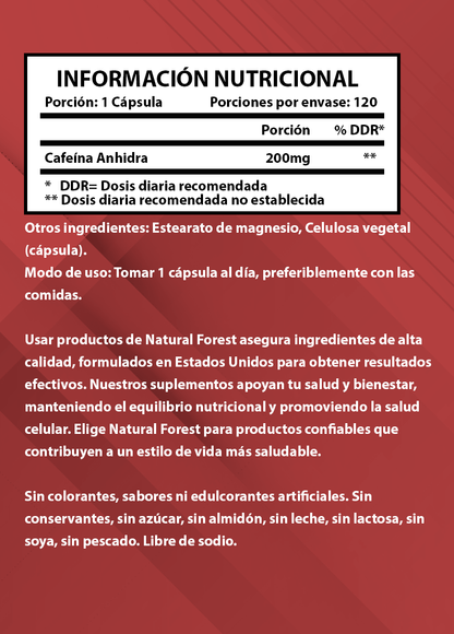 Cafeína Anhidra 200mg 120 Cápsulas / Usa