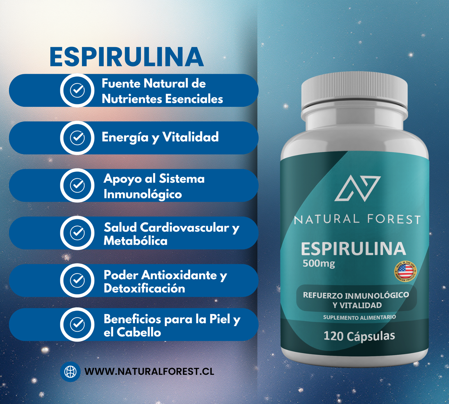 Espirulina Orgánica 500 Mg Natural Forest 120 Cápsulas