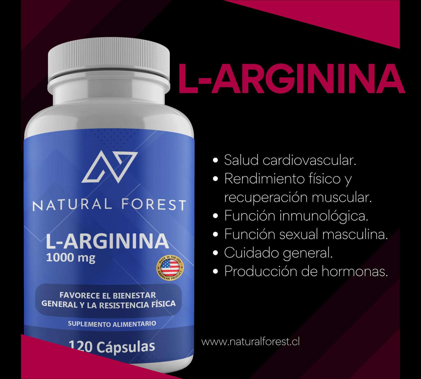 L-arginina 1000mg /120 Caps Natural Forest Made In Usa