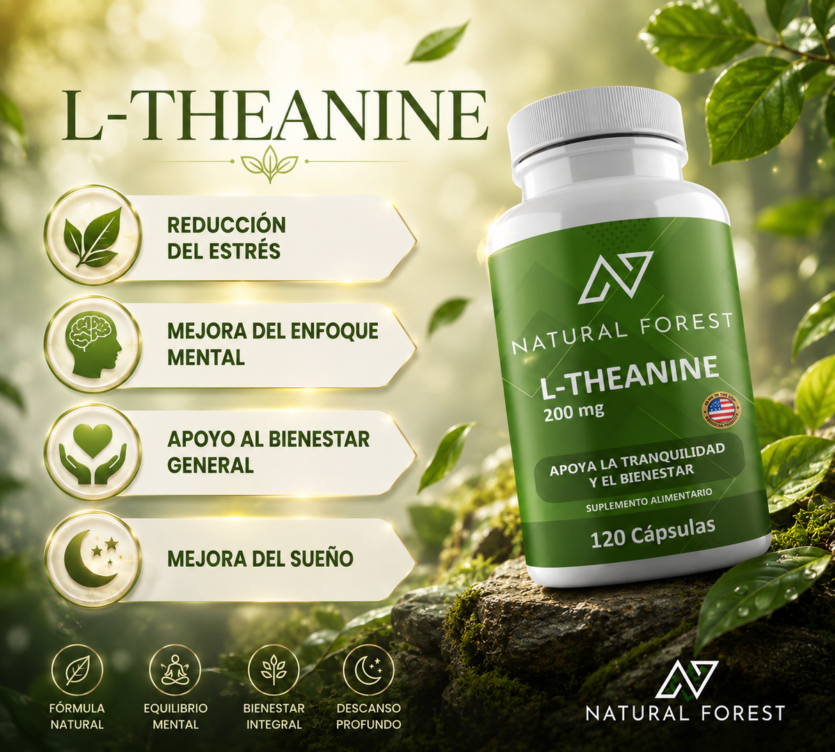 L Theanine 200 Mg 120 Capsulas Natural Forest Antiestrés Usa