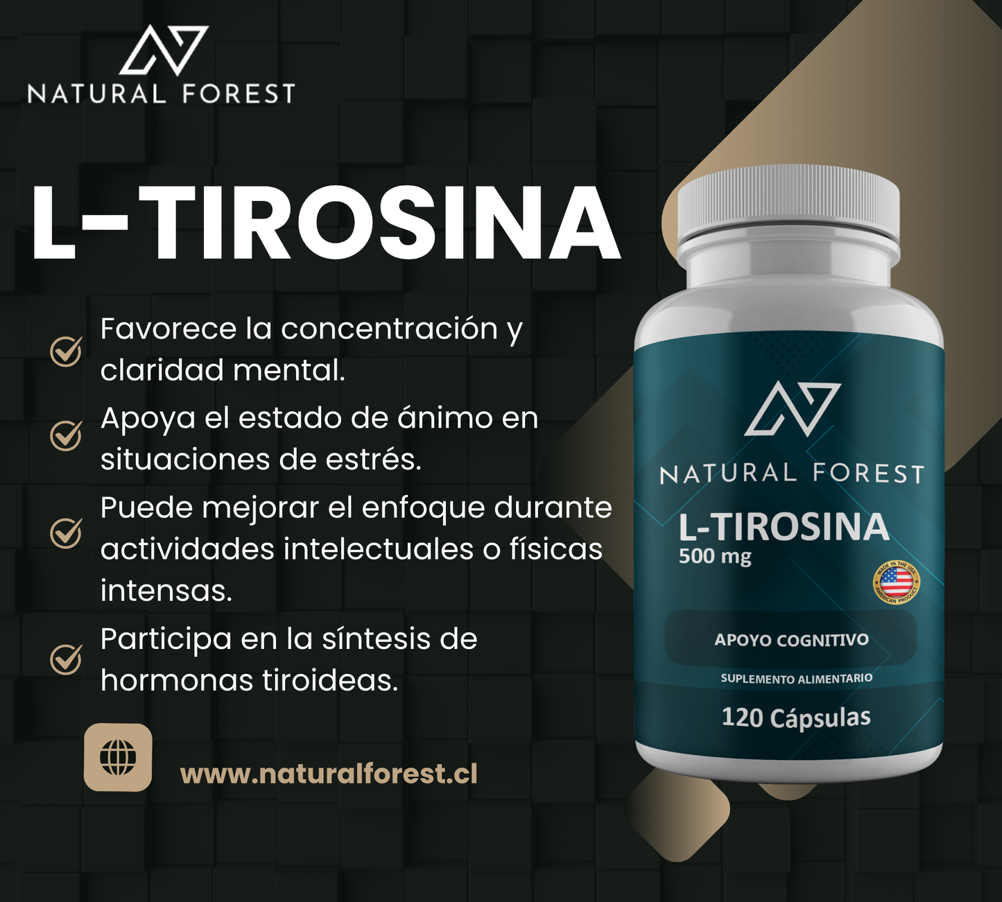 L-tirosina 120 Cápsulas 500mg Natural Forest Sabor Neutro