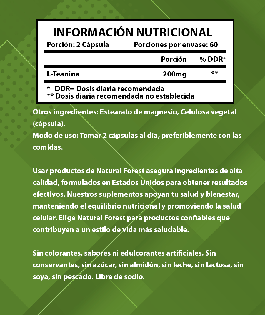 L Theanine 200 Mg 120 Capsulas Natural Forest Antiestrés Usa