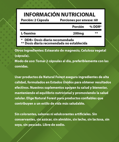 L Theanine 200 Mg 120 Capsulas Natural Forest Antiestrés Usa